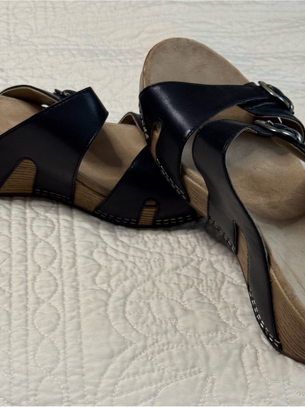 Dansko Black Leather Slide Sandals with Buckle Detail